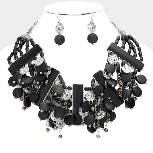 Madeline Love Black, Rhodium Ethnic Vintage Wooden Bib Necklace - Necklaces