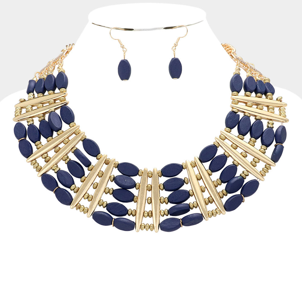 Madeline Love Blue Oval Wood Beaded Statement Necklace - Necklaces