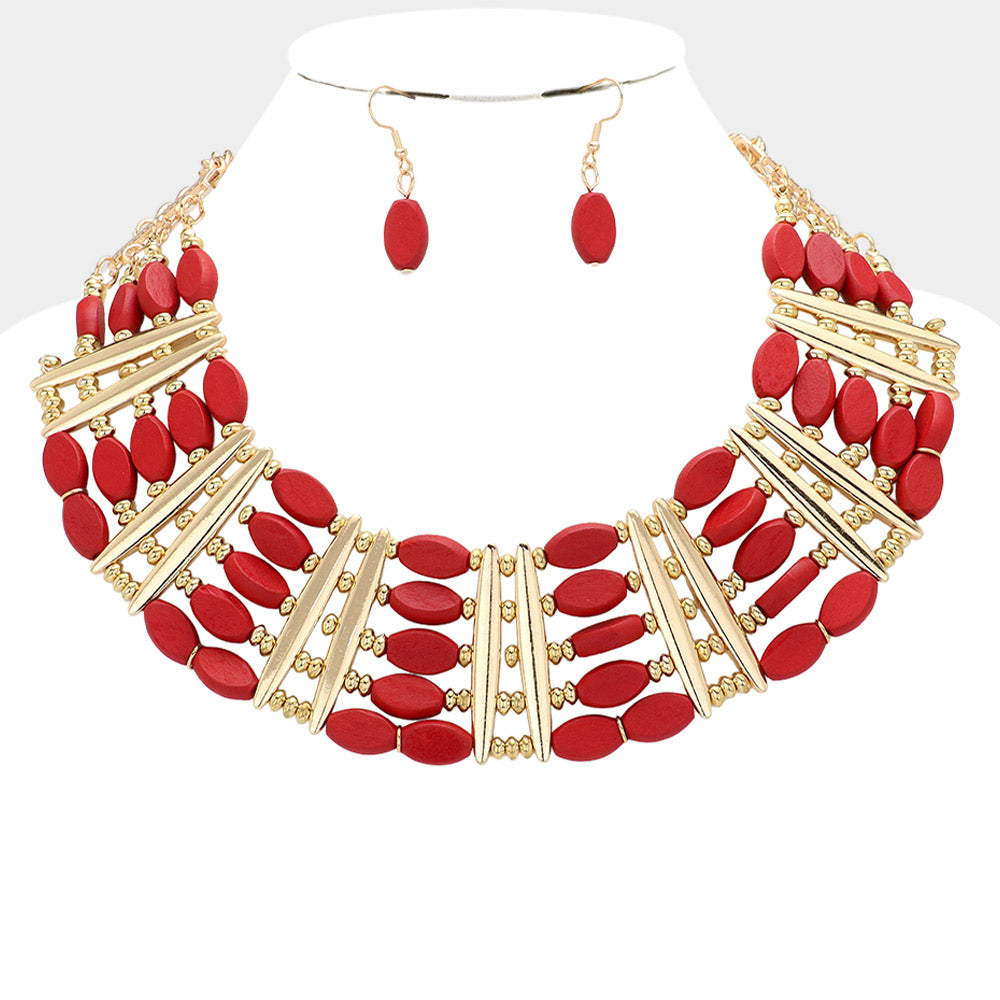 Madeline Love Red Oval Wood Beaded Statement Necklace - Necklaces