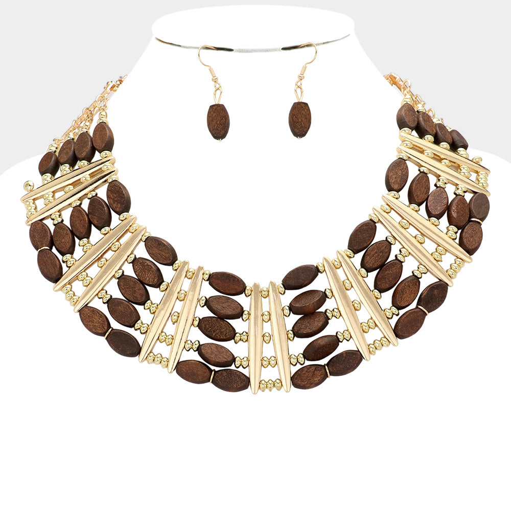 Madeline Love Wood Oval Wood Beaded Statement Necklace - Necklaces
