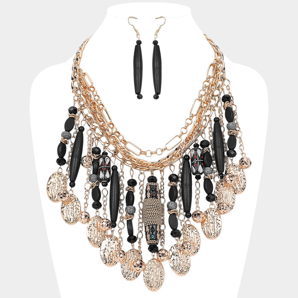 Madeline Love Black, Gold Wooden Stone Embellished Cylinder Textured Metal Oval Tip Station Collar Statement Necklace - Necklaces