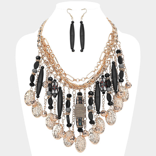 Madeline Love Black, Gold Wooden Stone Embellished Cylinder Textured Metal Oval Tip Station Collar Statement Necklace - Necklaces