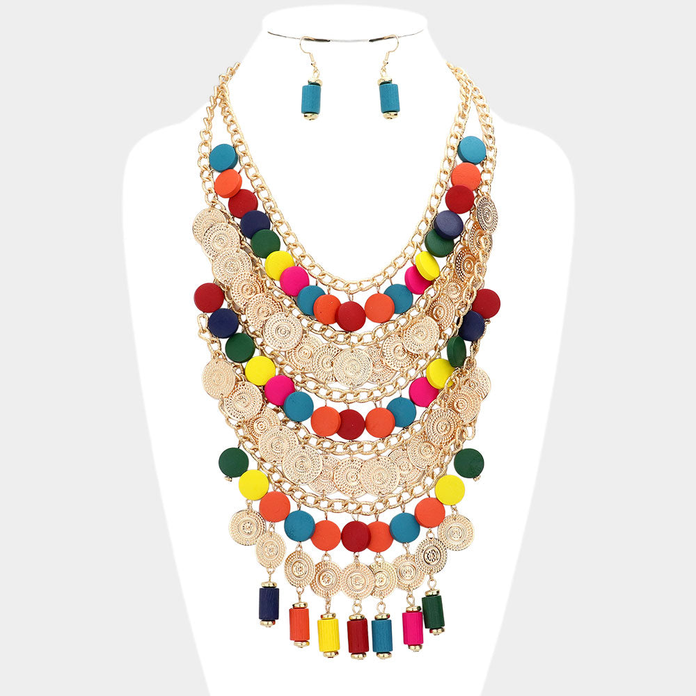 Madeline Love Multi Rainbow Round Wood Metal Disc Cluster Statement Necklace - Necklaces