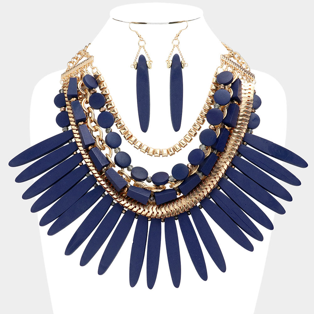 Madeline Love Blue, Gold Wooden Spike Accented Metal Chain Layered Bib Necklace - Necklaces