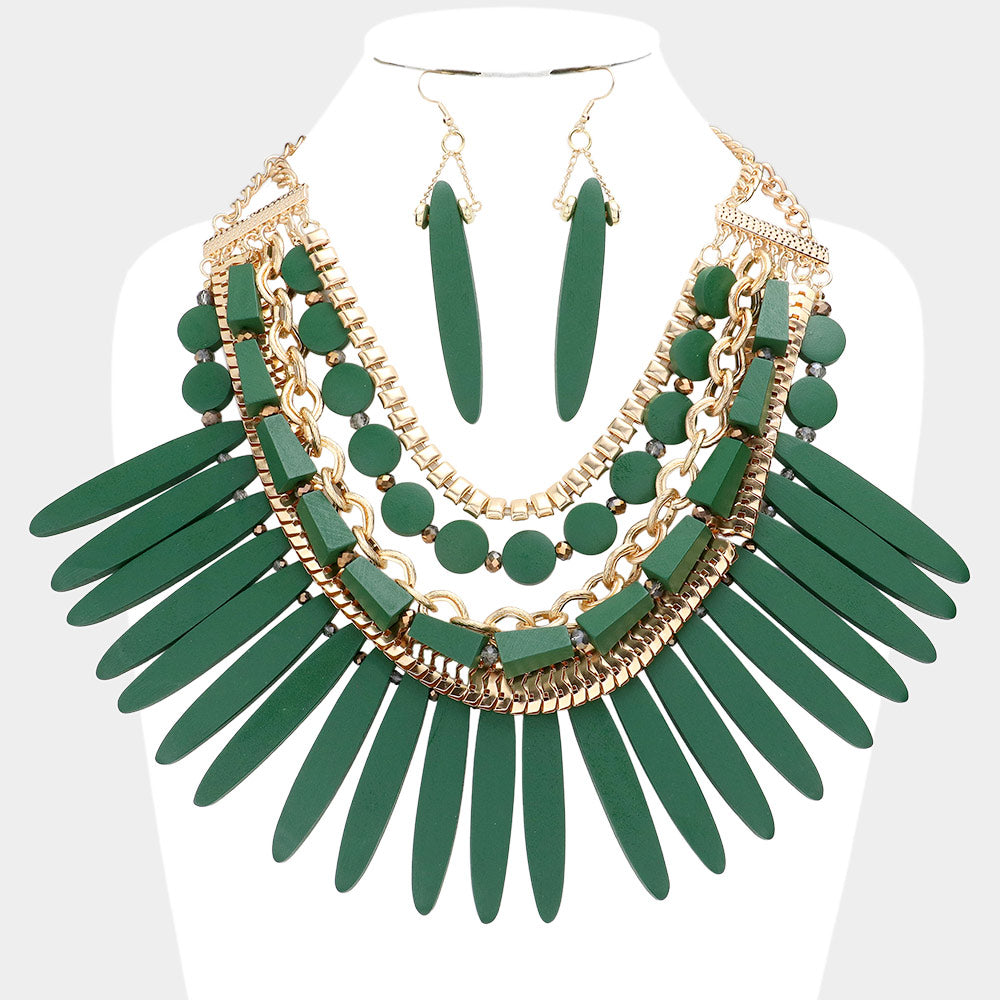 Madeline Love Gold, Green Wooden Spike Accented Metal Chain Layered Bib Necklace - Necklaces
