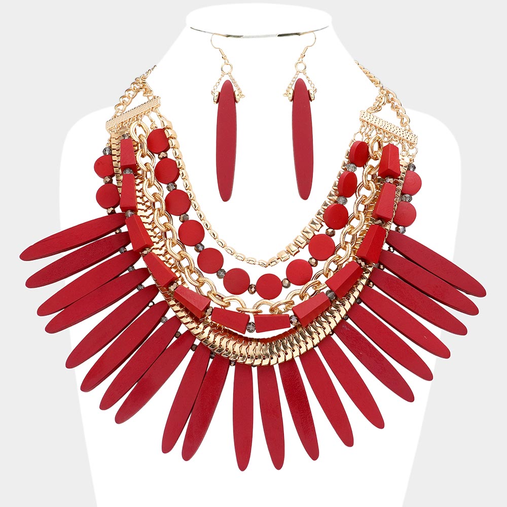 Madeline Love Gold, Red Wooden Spike Accented Metal Chain Layered Bib Necklace - Necklaces