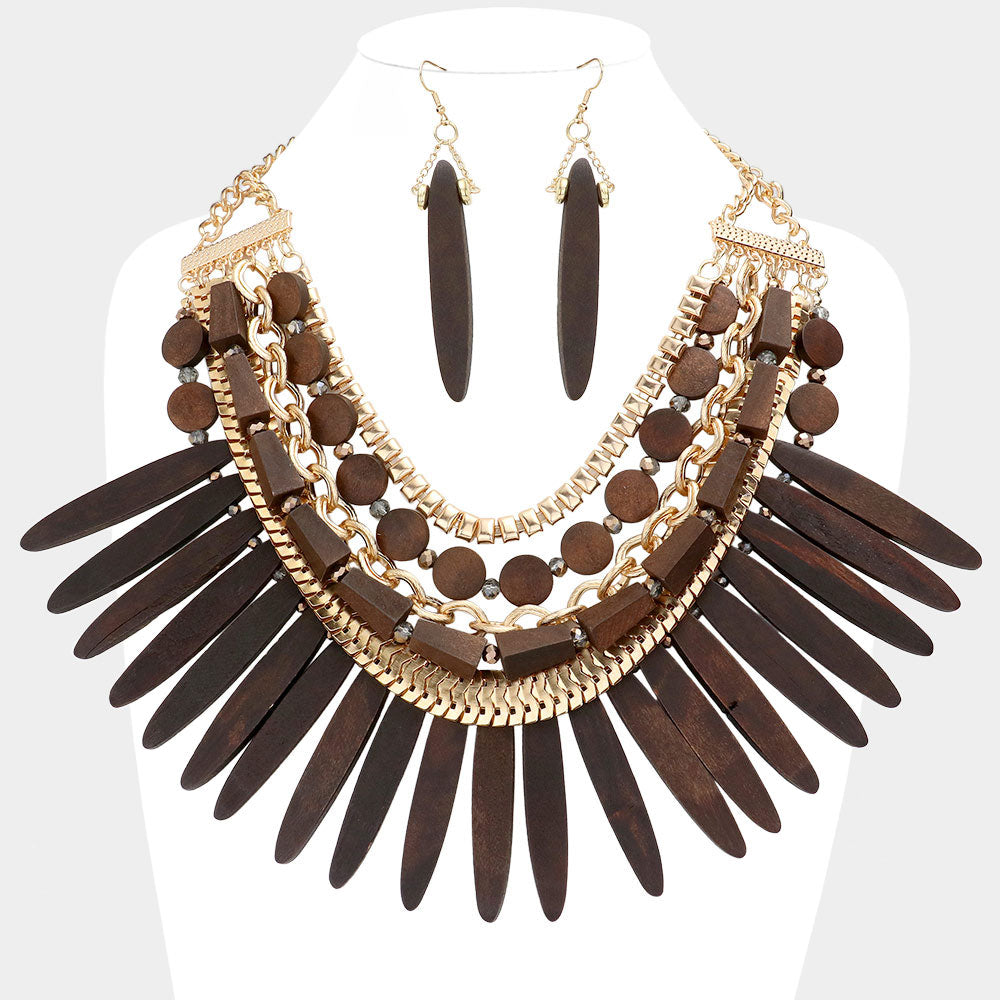 Madeline Love Gold, Wood Wooden Spike Accented Metal Chain Layered Bib Necklace - Necklaces