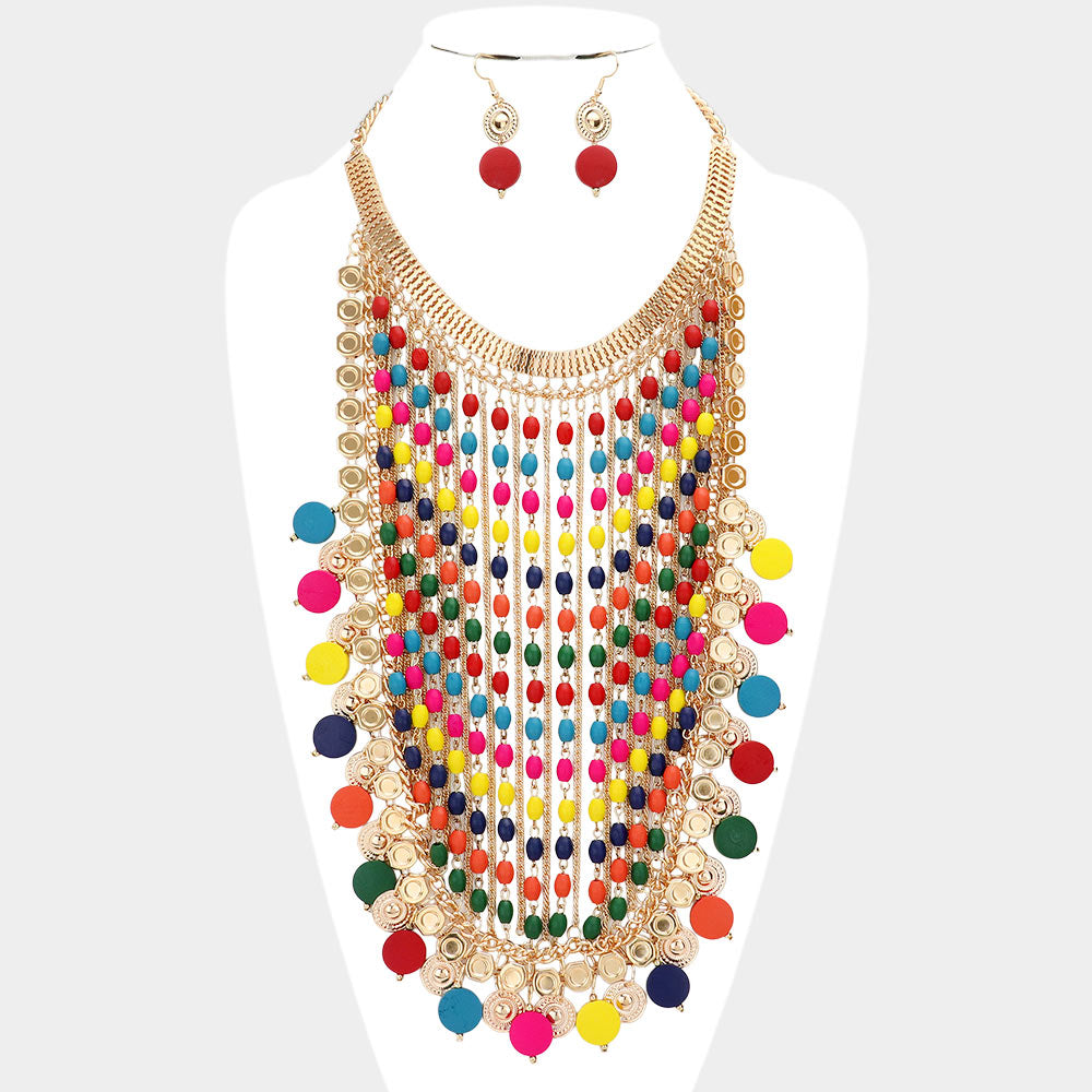Madeline Love Multi Rainbow Wood Link Statement Bib Necklace - Necklaces