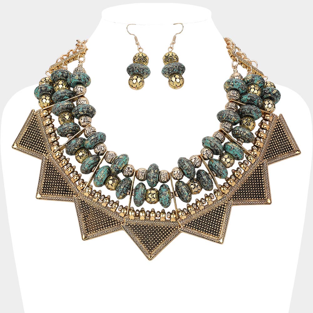 Madeline Love Antique Gold, Patina Verdigris Antique Metal Western Geometric Collar Statement Necklace - Necklaces