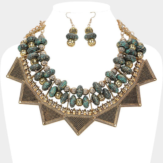 Madeline Love Antique Gold, Patina Verdigris Antique Metal Western Geometric Collar Statement Necklace - Necklaces