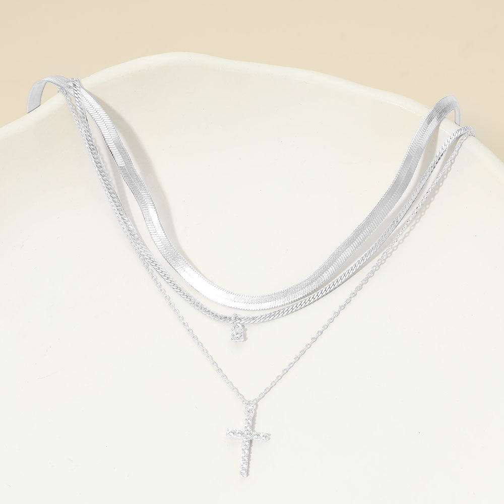 Madeline Love Clear, Silver, White Gold White Gold Dipped Stone Pave Cross Pendant Accent Layered Herringbone Chain Necklace - Necklaces