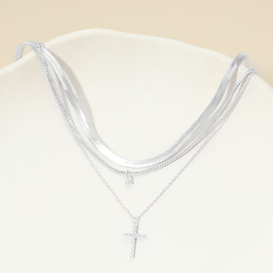 Madeline Love Clear, Silver, White Gold White Gold Dipped Stone Pave Cross Pendant Accent Layered Herringbone Chain Necklace - Necklaces