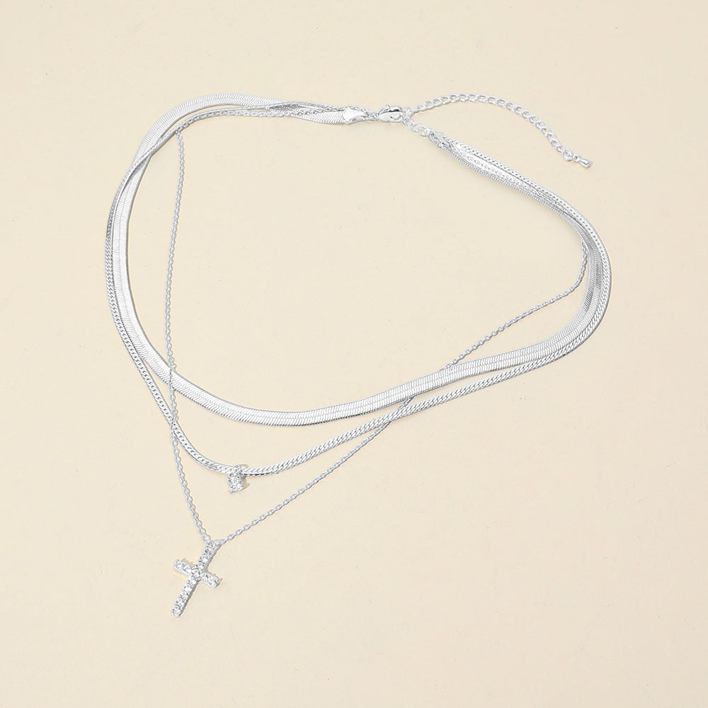 Madeline Love Clear, Silver, White Gold White Gold Dipped Stone Pave Cross Pendant Accent Layered Herringbone Chain Necklace - Necklaces - desc