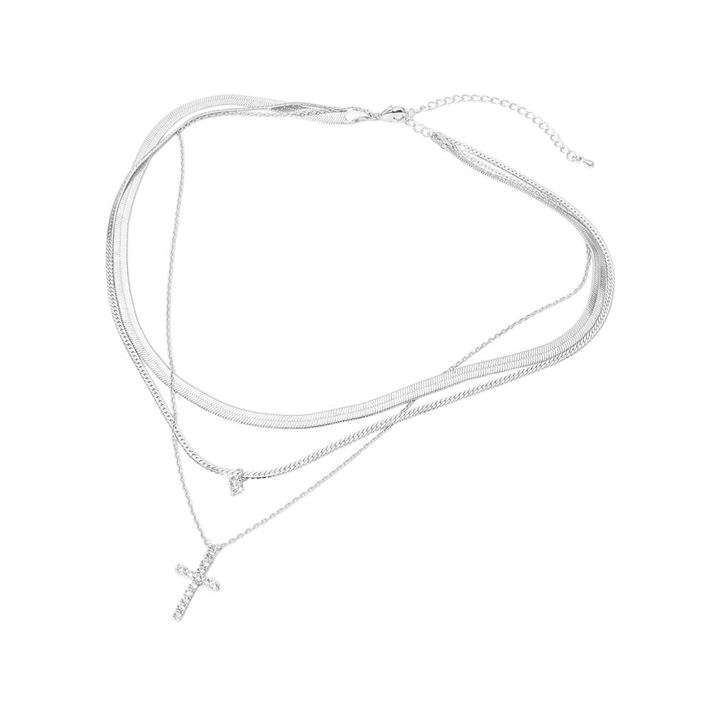 Madeline Love Clear, Silver, White Gold White Gold Dipped Stone Pave Cross Pendant Accent Layered Herringbone Chain Necklace - Necklaces - extra