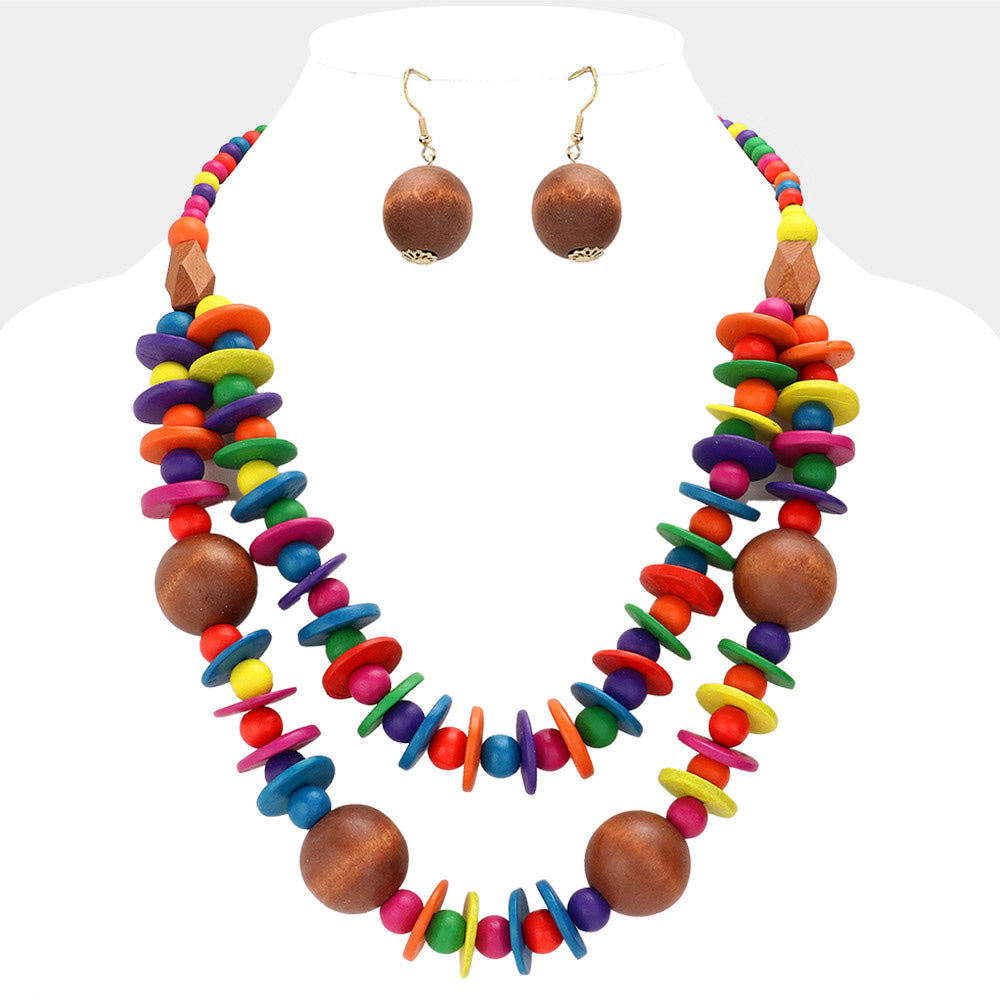 Madeline Love Multi Wood Ball Pointed Wooden Plate Embellished Statement Necklace - Necklaces