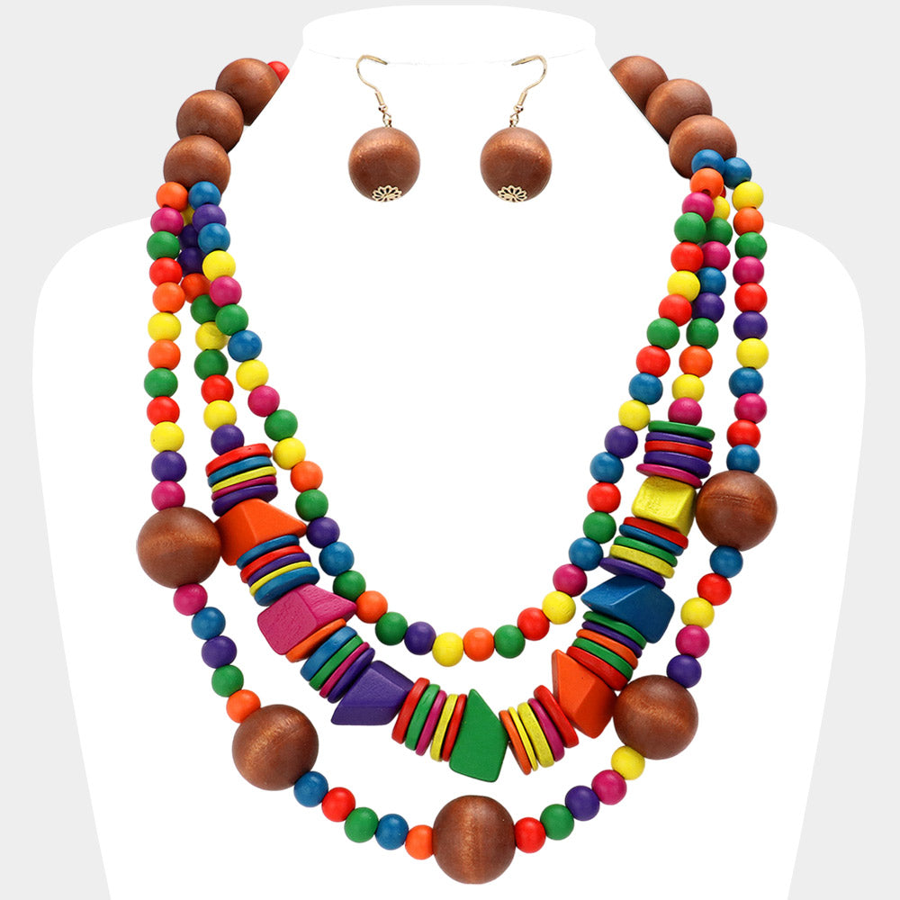 Madeline Love Multi Wood Ball Beaded Triple Layered Statement Necklace - Necklaces