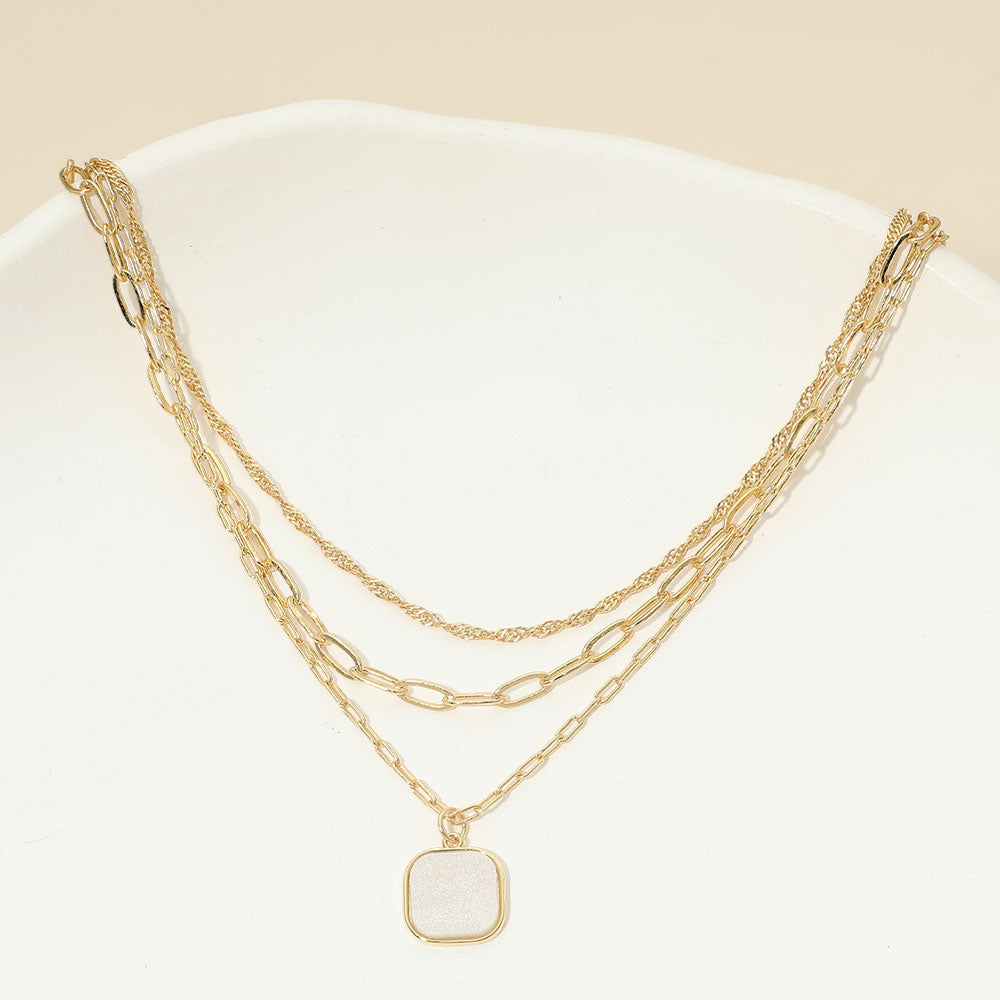 Madeline Love Gold, White 18K Gold Dipped Square Pendant Accent Mixed Paperclip Chain Layered Necklace