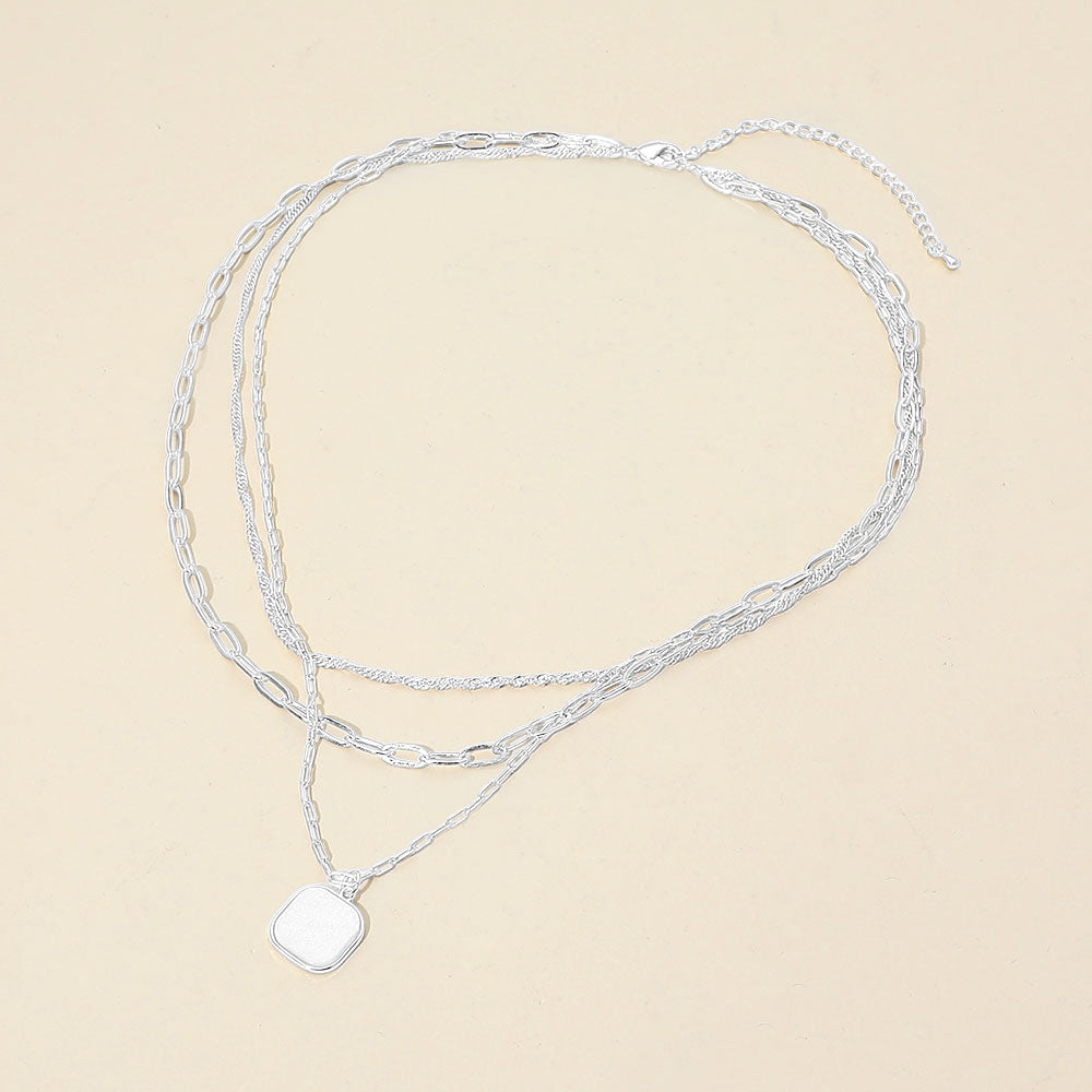 Madeline Love Silver, White, White Gold White Gold Dipped Square Pendant Accent Mixed Paperclip Chain Layered Necklace - Necklaces - desc