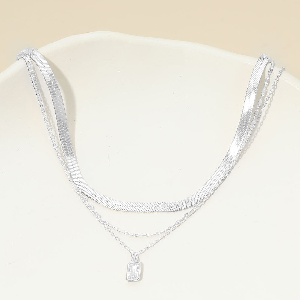 Madeline Love Clear, Silver, White Gold White Gold Dipped Rectangular Stone Bezel Pendant Accent Herringbone Chain Layered Necklace - Necklaces