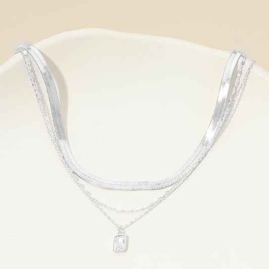 Madeline Love Clear, Silver, White Gold White Gold Dipped Rectangular Stone Bezel Pendant Accent Herringbone Chain Layered Necklace - Necklaces