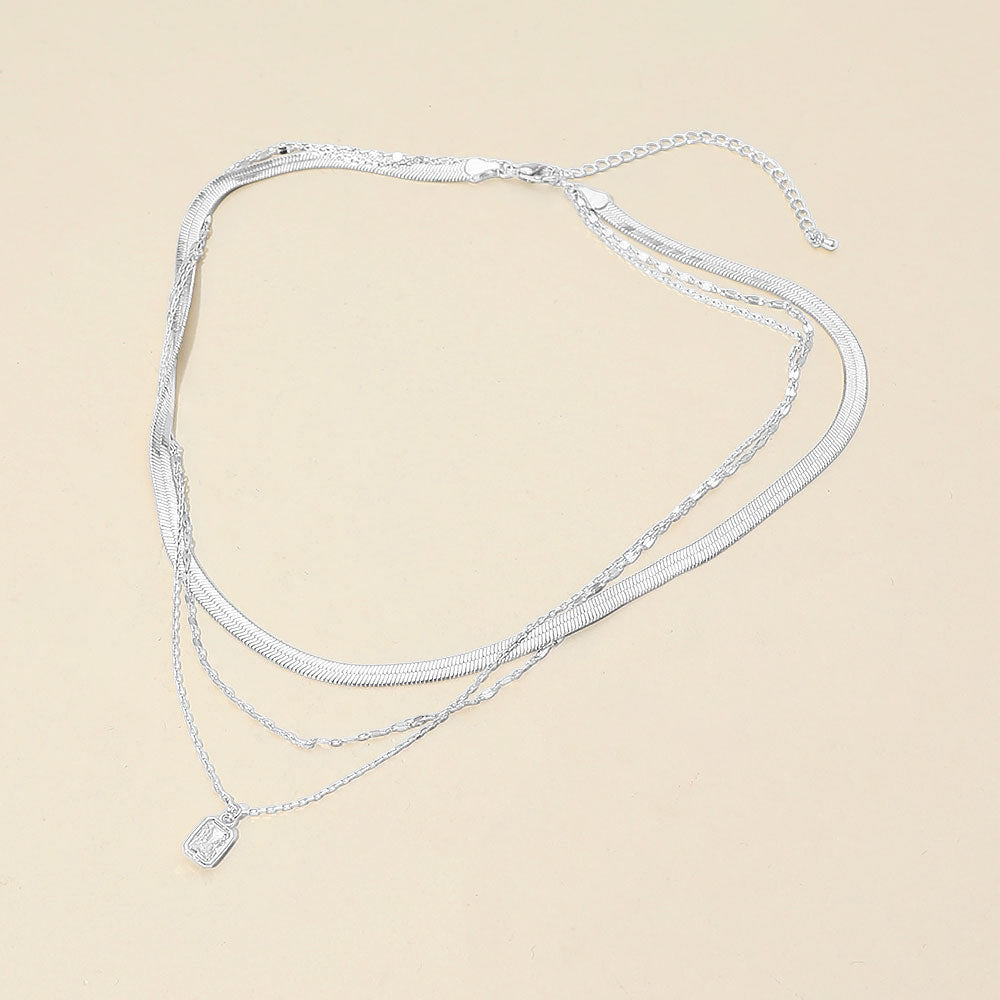 Madeline Love Clear, Silver, White Gold White Gold Dipped Rectangular Stone Bezel Pendant Accent Herringbone Chain Layered Necklace - Necklaces - desc