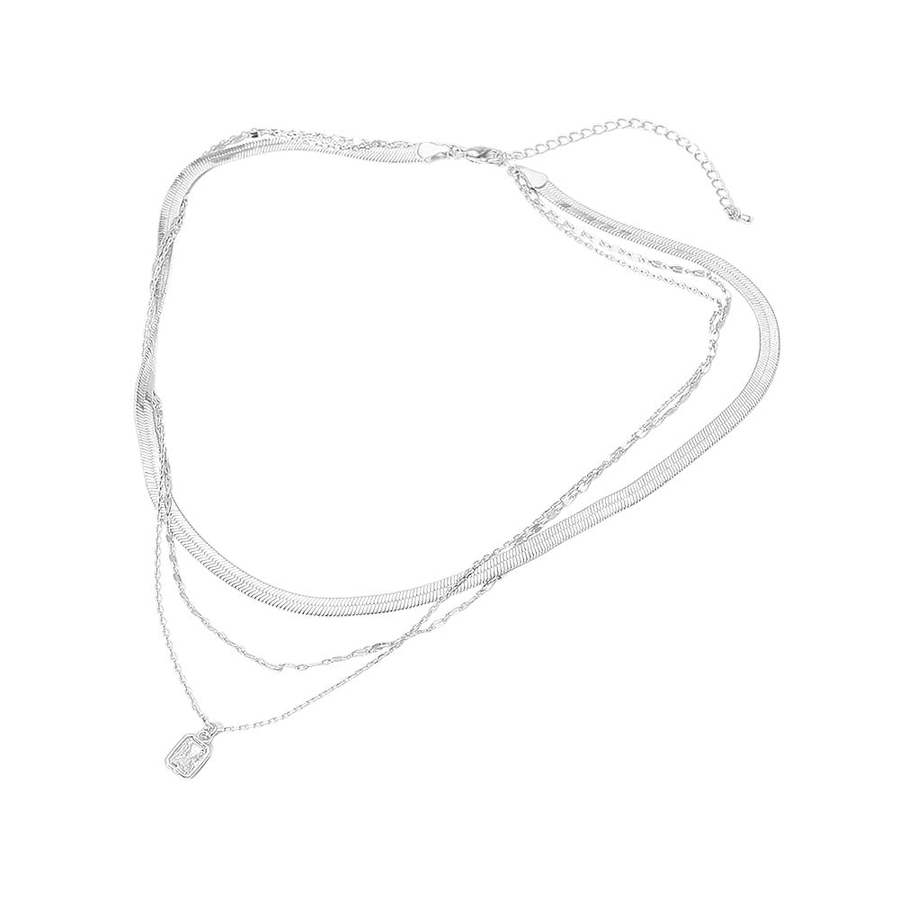 Madeline Love Clear, Silver, White Gold White Gold Dipped Rectangular Stone Bezel Pendant Accent Herringbone Chain Layered Necklace - Necklaces - extra
