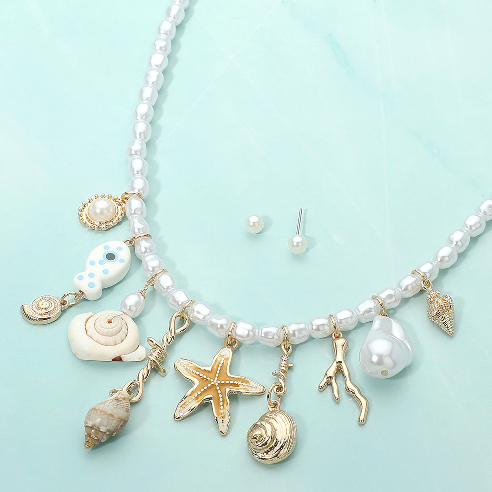 Madeline Love Cream, Gold, Neutral Coastal Starfish Shell Fish Charm Station Beaded Pearl Necklace - Necklaces
