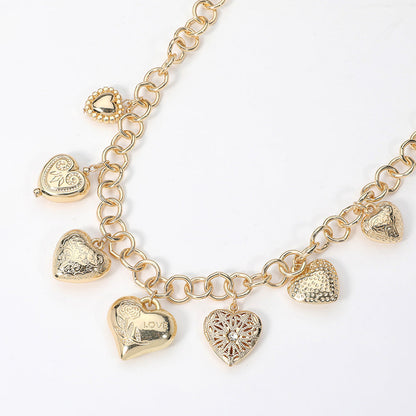 Heart Locket Metal Heart Charm Station Chain Necklace