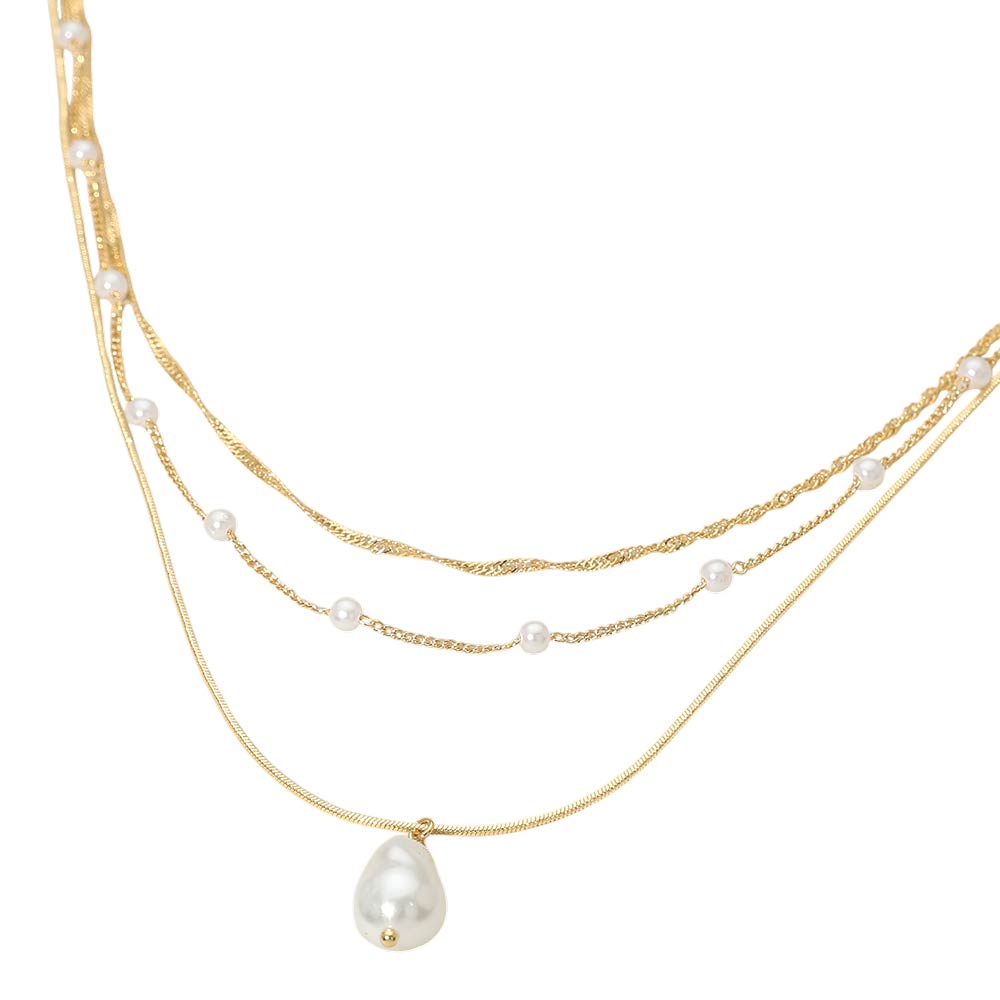 Madeline Love Cream, Gold Pearl Pendant Accent Layered Pearl Chain Necklace - Necklaces - desc