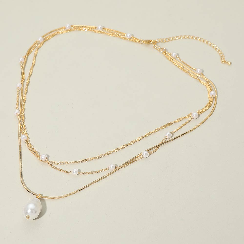 Madeline Love Cream, Gold Pearl Pendant Accent Layered Pearl Chain Necklace - Necklaces - extra