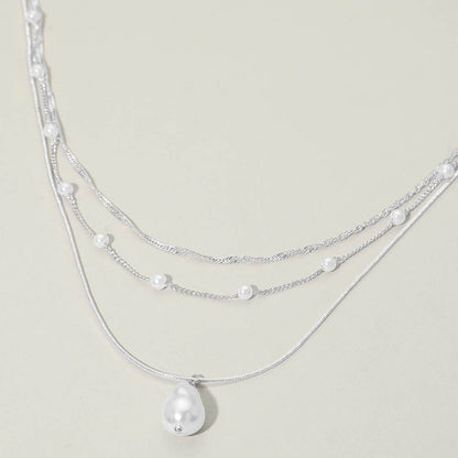 Madeline Love Cream, Silver Pearl Pendant Accent Layered Pearl Chain Necklace - Necklaces