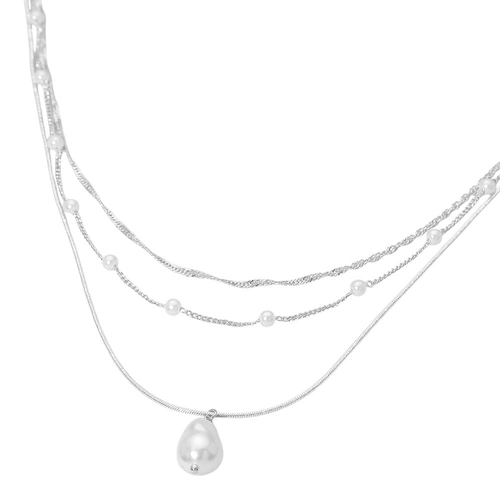 Madeline Love Cream, Silver Pearl Pendant Accent Layered Pearl Chain Necklace - Necklaces - desc