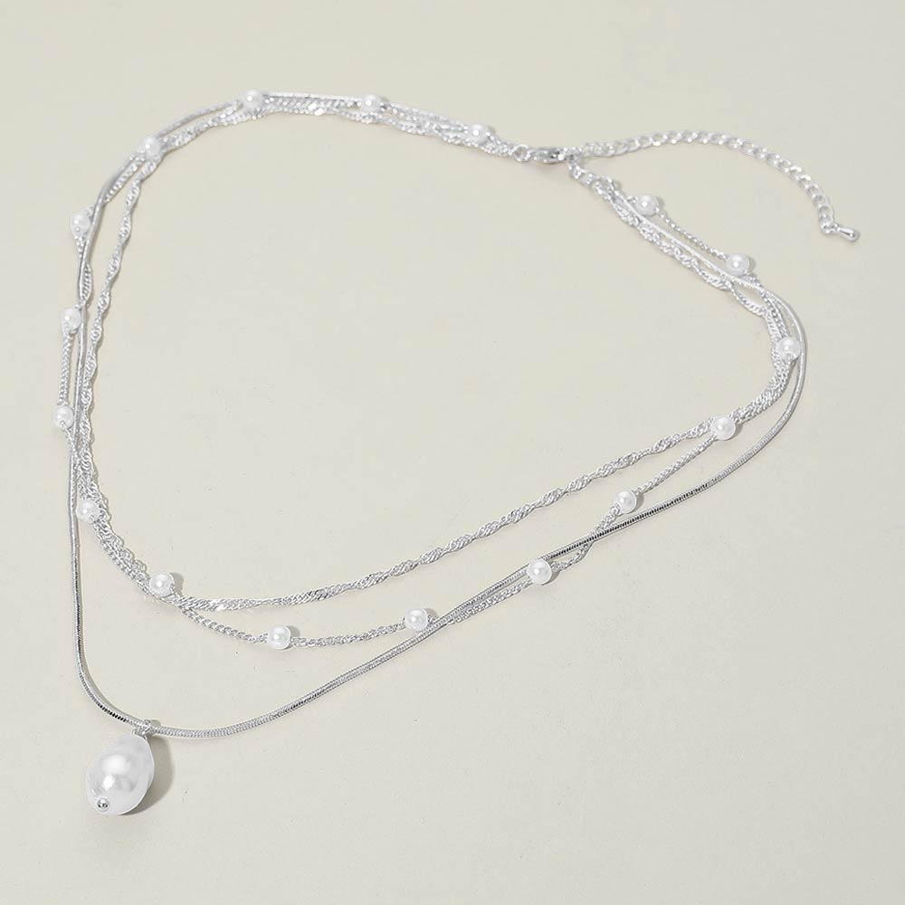 Madeline Love Cream, Silver Pearl Pendant Accent Layered Pearl Chain Necklace - Necklaces - extra