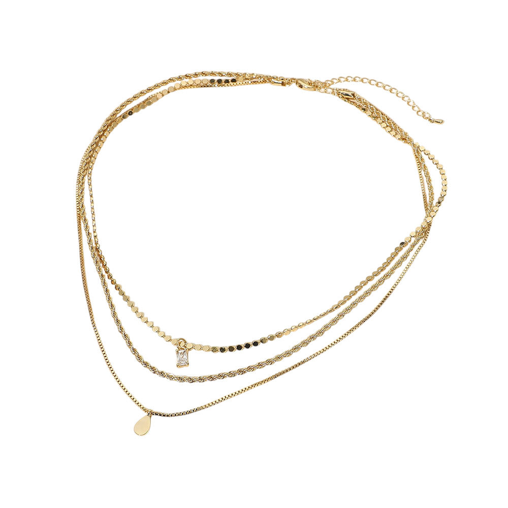Madeline Love Clear, Gold 18K Gold Dipped Teardrop Stone Bezel Pendant Accent Mixed Chain Layered Necklace - Necklaces - extra