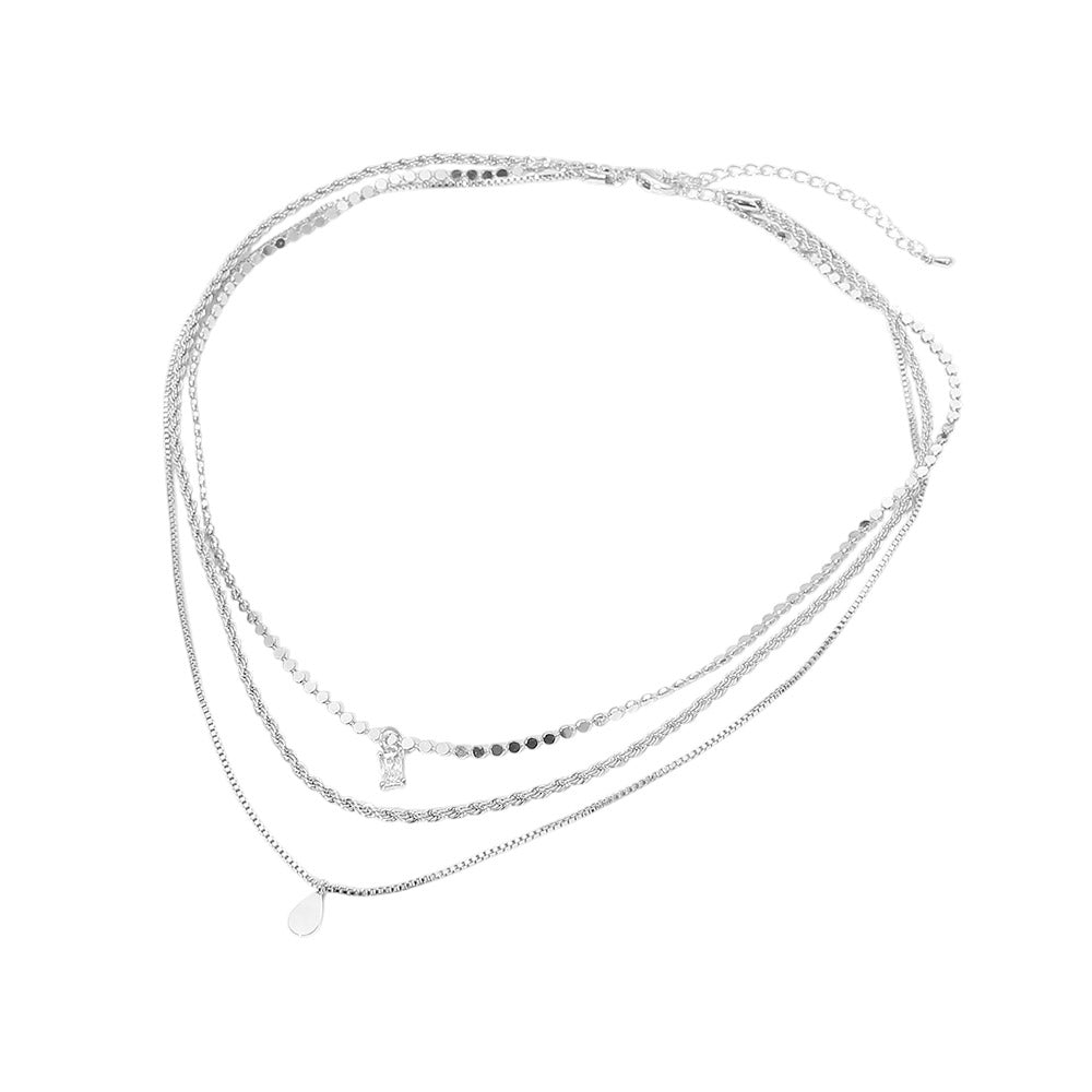 Madeline Love Clear, Silver, White Gold White Gold Dipped Teardrop Stone Bezel Pendant Accent Mixed Chain Layered Necklace - Necklaces - extra