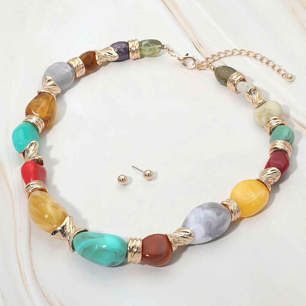 Madeline Love Gold, Multi Mixed Resin Pebble Beaded Chunky Necklace