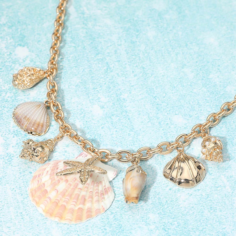 Madeline Love Gold Sea Shell Charm Station Statement Necklace - Necklaces