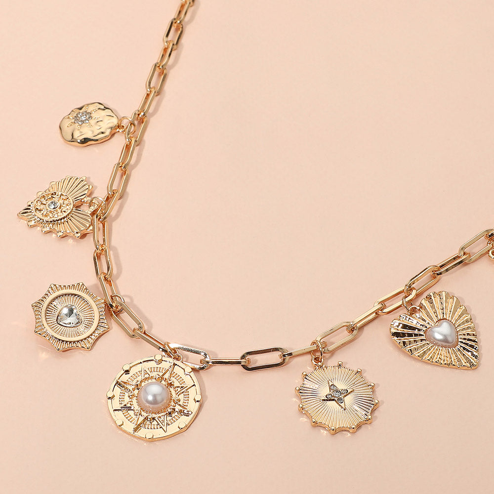 Madeline Love Gold Pearl Accent Vintage Heart Coin Charm Station Paperclip Chain Necklace