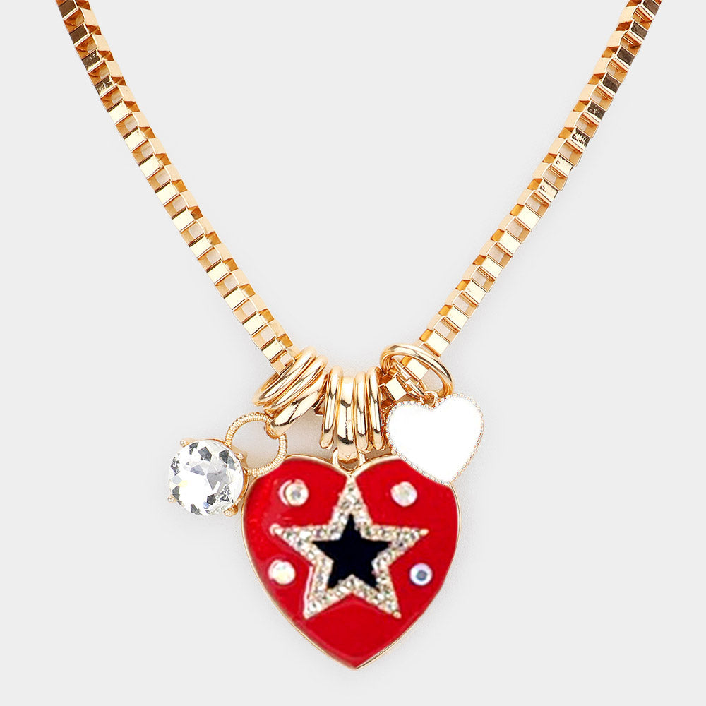 Star Centered Enamel Heart Round Stone Pendant Necklace
