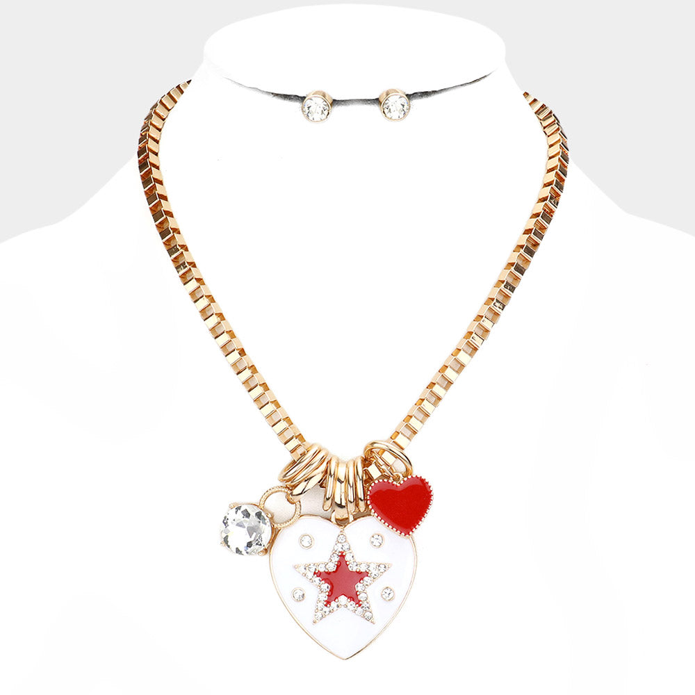Star Centered Enamel Heart Round Stone Pendant Necklace