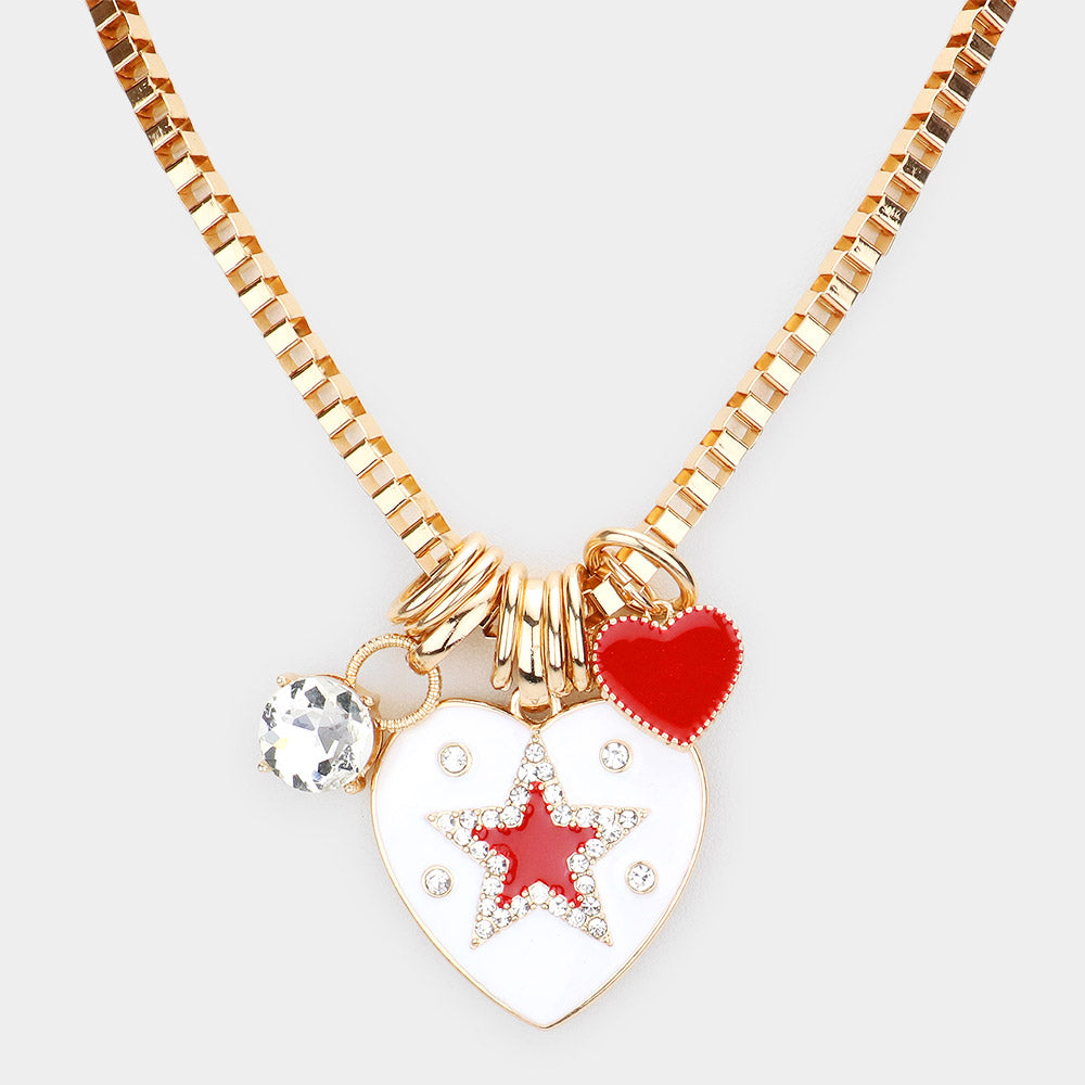 Star Centered Enamel Heart Round Stone Pendant Necklace