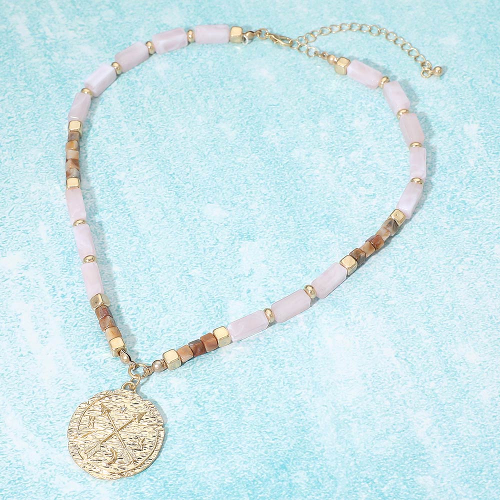 Madeline Love Pink, Worn Gold Textured Zodiac Coin Pendant Beaded Necklace - Necklaces
