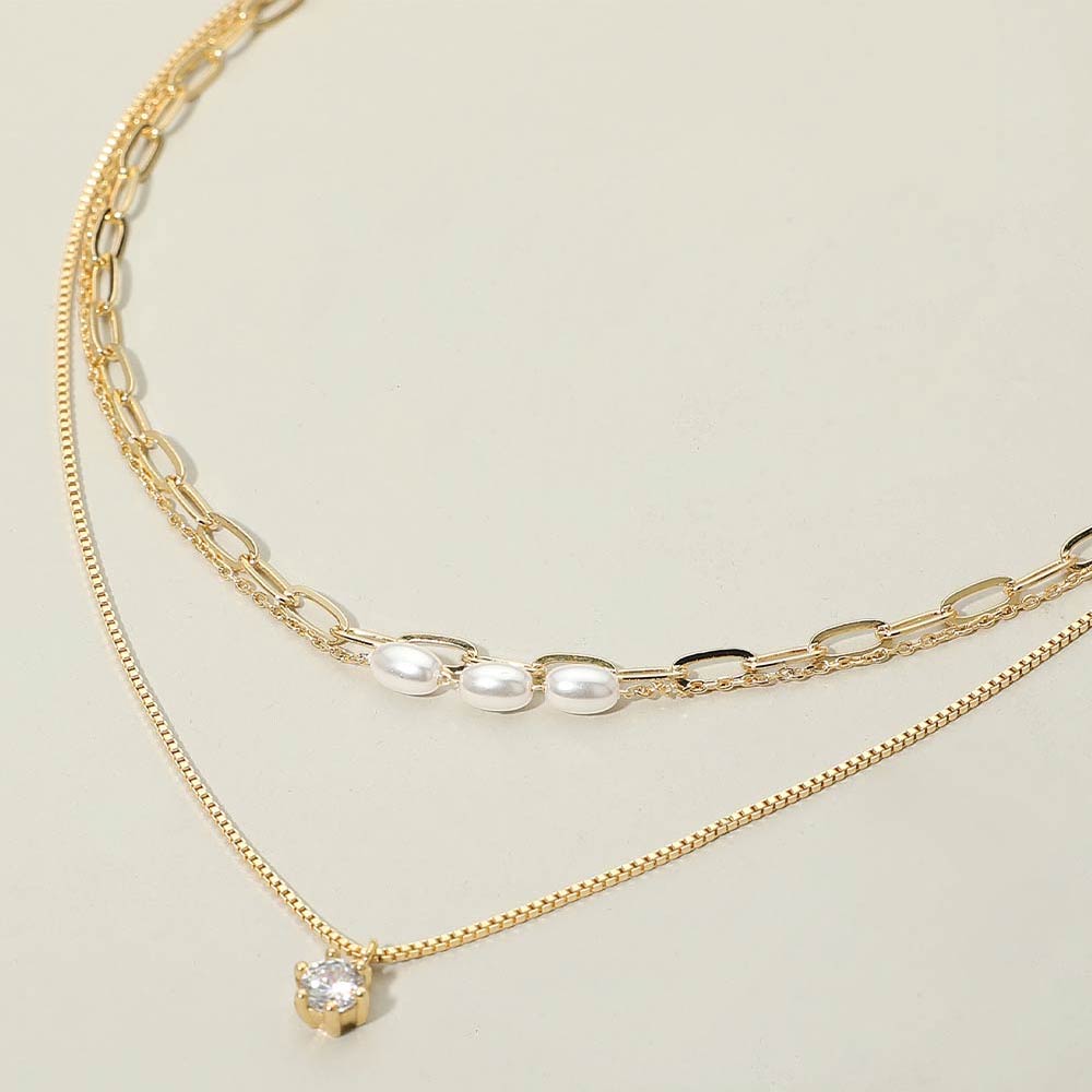 Madeline Love Cream, Gold Stone Cluster Pendant Accent Pearl Beaded Paperclip Chain Layered Necklace - Necklaces