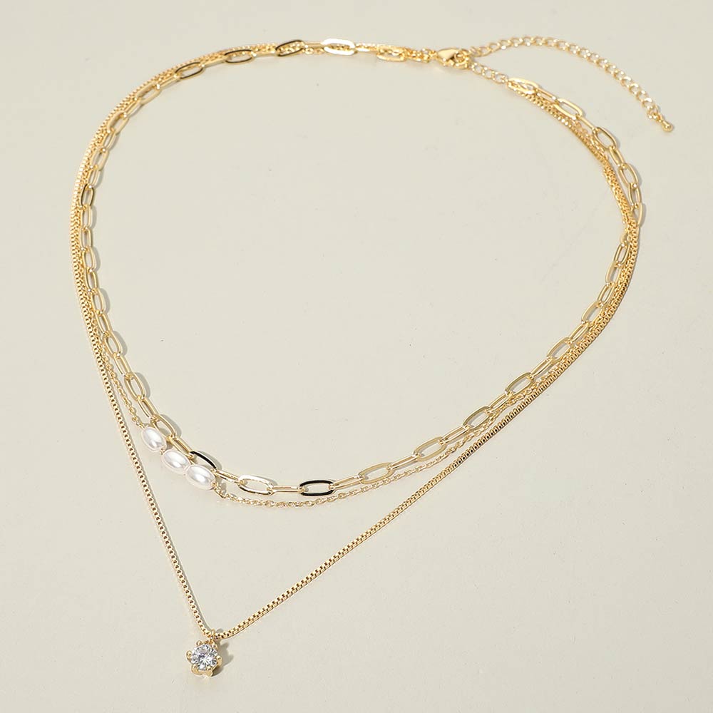 Madeline Love Cream, Gold Stone Cluster Pendant Accent Pearl Beaded Paperclip Chain Layered Necklace - Necklaces - extra