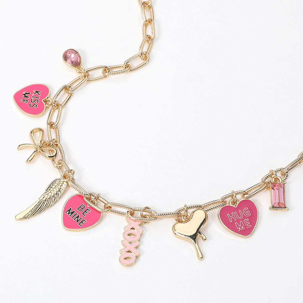 Enamel Heart KISS ME BE MINE HUG ME Message Metal Wing Bow Melting Heart Charm Station Textured Paperclip Chain Necklace