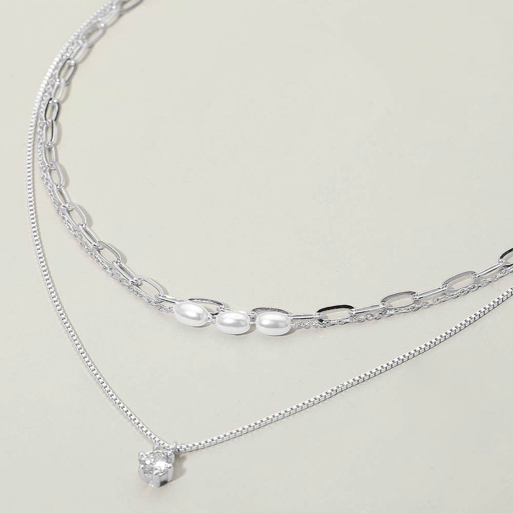 Madeline Love Cream, Silver Stone Cluster Pendant Accent Pearl Beaded Paperclip Chain Layered Necklace - Necklaces