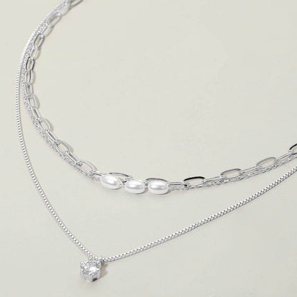 Madeline Love Cream, Silver Stone Cluster Pendant Accent Pearl Beaded Paperclip Chain Layered Necklace - Necklaces
