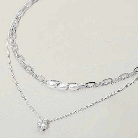 Madeline Love Cream, Silver Stone Cluster Pendant Accent Pearl Beaded Paperclip Chain Layered Necklace - Necklaces