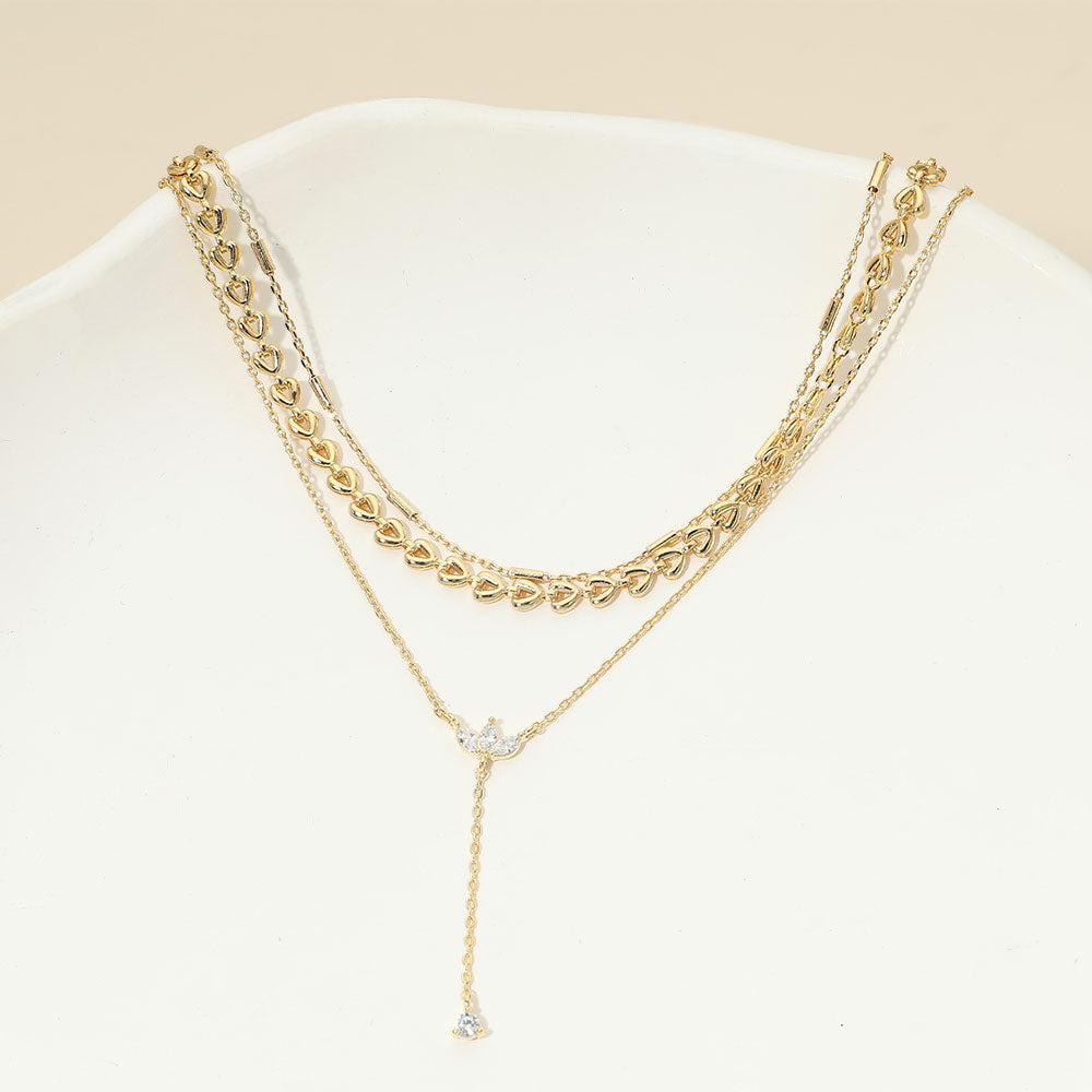 Madeline Love Clear, Gold 18K Gold Dipped Marquise Stone Cluster Triangle Cluster Lariat Drop Accent Mixed Chain Layered Necklace