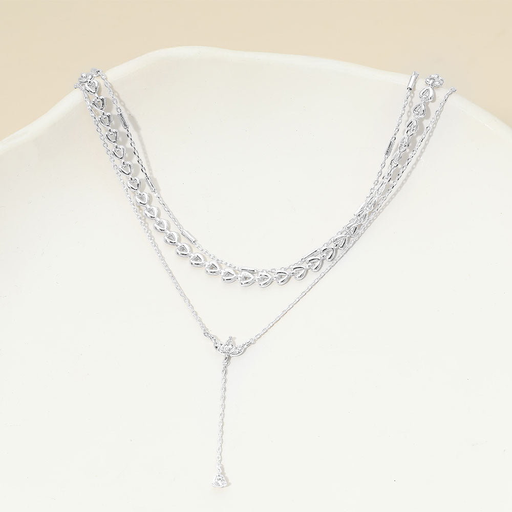 Madeline Love Clear, Silver, White Gold White Gold Dipped Marquise Stone Cluster Triangle Cluster Lariat Drop Accent Mixed Chain Layered Necklace - Necklaces